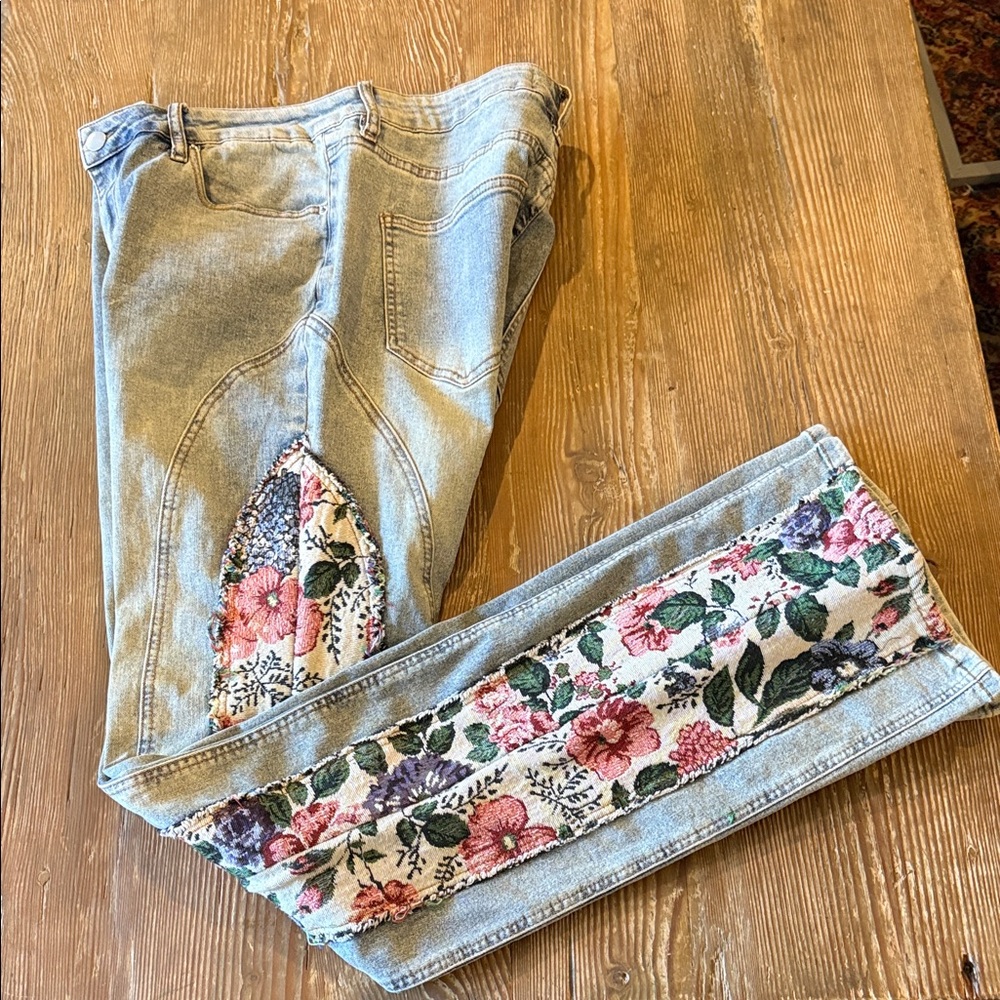Fashion Nova Light Blue Floral tapestry embellished Straight Leg Jeans